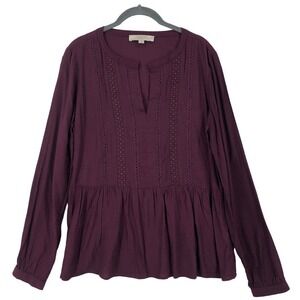 Loft Blouse Women's Small Purple Babydoll Peplum Embroidered V-Neck Long Sleeve